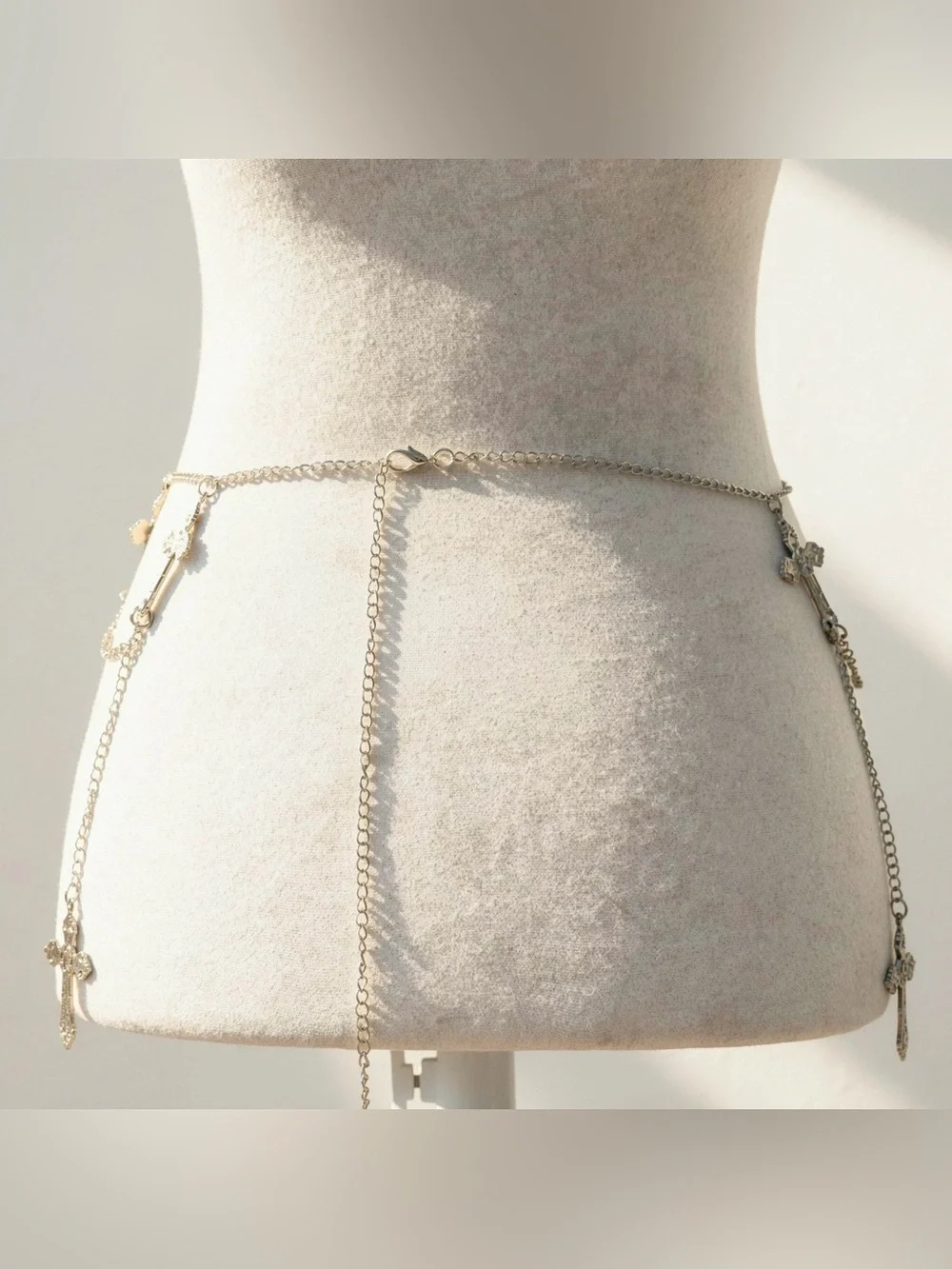 Y2K 2000s style Silver chain belt with cross charms